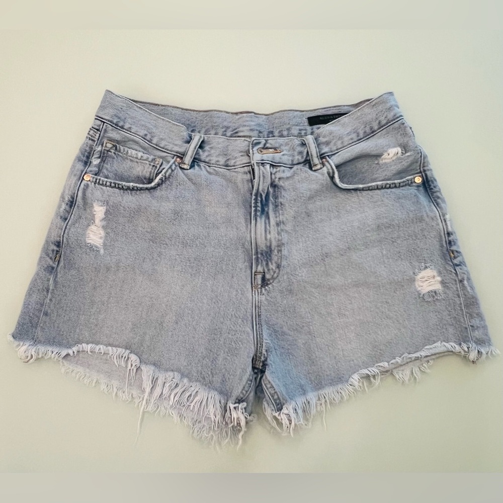 All Saints Blue Distressed Jean Shorts Frayed Hem